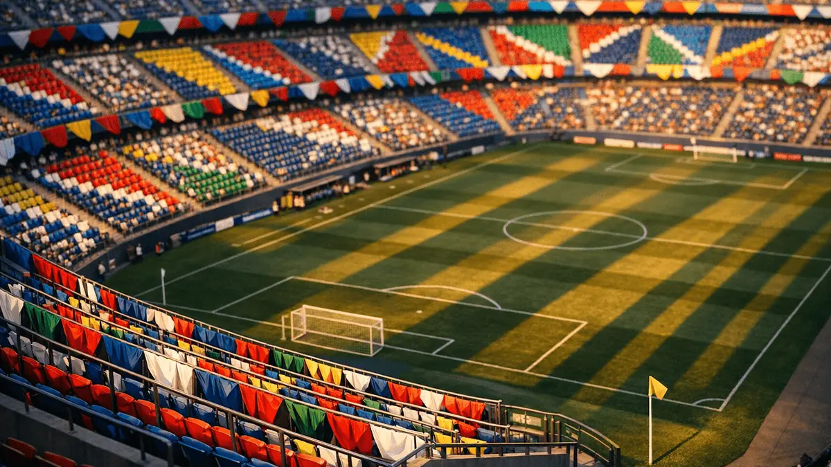 Aerial stadium view with colourful flag bunting and floodlit pitch markings under evening light, World Cup group-stage atmosphere.