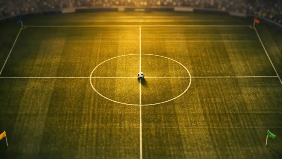 Overhead view of floodlit football pitch with ball on centre line, stadium corners in multi-national colours.