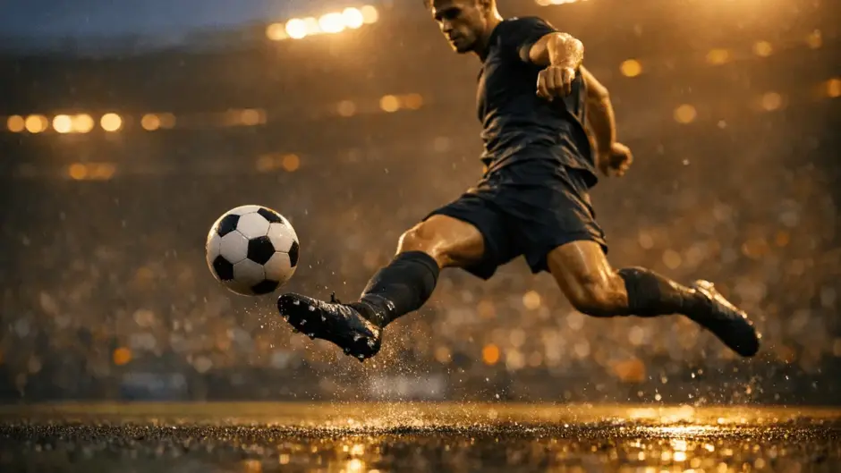 Footballer in motion kicking ball at floodlit stadium during evening match with packed stands in background.