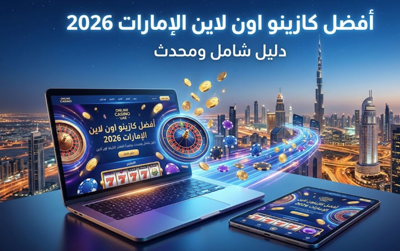 صورة تعبيرية لدليل أفضل كازينو اون لاين الإمارات 2026 تظهر جهازي لابتوب وأيباد يعرضان ألعاب كازينو رقمية على خلفية أفق مدينة دبي الحديثة وأبراجها المضاءة