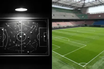 Split view of tactical board and Serie A pitch representing coaching transition