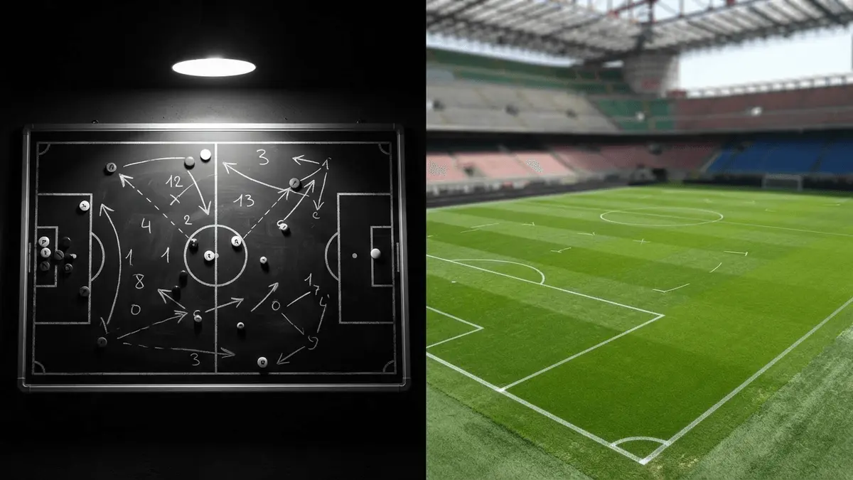 Split view of tactical board and Serie A pitch representing coaching transition