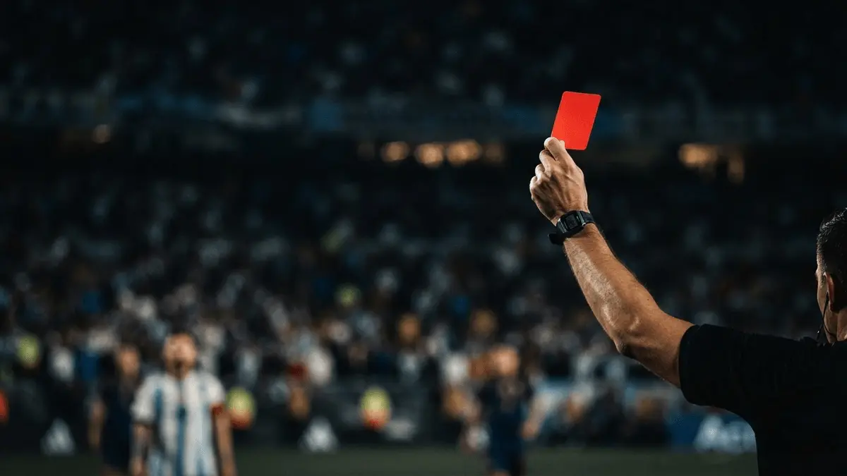 Referee holding red card in World Cup final with blurred Argentina players in background