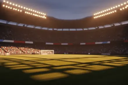 Floodlit stadium at dusk with packed stands and dramatic shadow patterns during golden-hour kick-off.