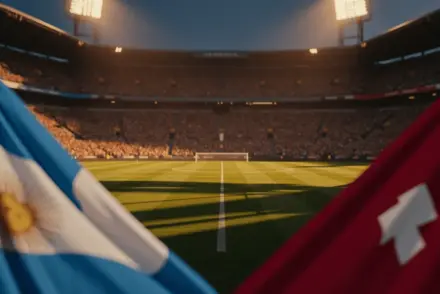 Empty floodlit stadium quarter-final pitch with light-blue and red flag colours, packed stands, dramatic shadow patterns, golden-hour mood.