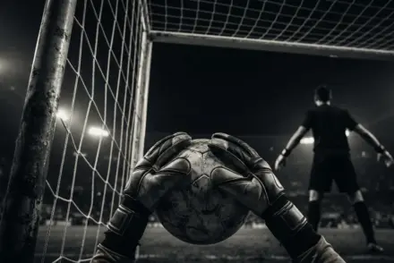 Goalkeeper gloves gripping football in dramatic black and white with gold accents