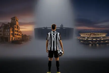 Football striker at crossroads facing multiple stadium destinations in dramatic black and white lighting