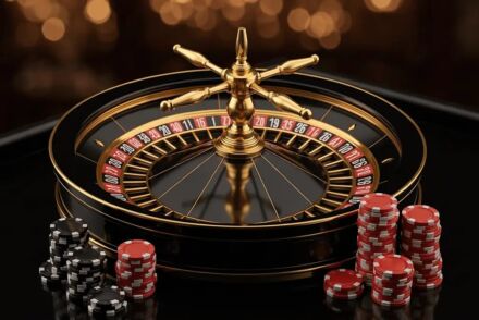 Roulette wheel and stacked casino chips on black gaming table with warm bokeh lighting
