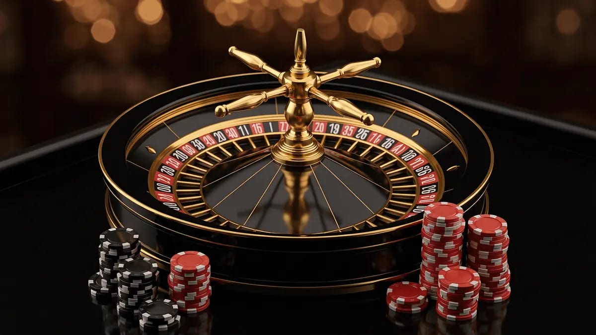 Roulette wheel and stacked casino chips on black gaming table with warm bokeh lighting