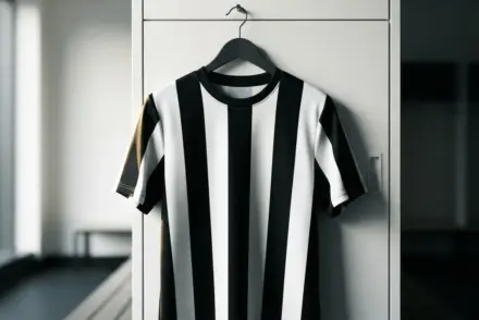 Black and white striped jersey in locker room symbolizing transfer decision
