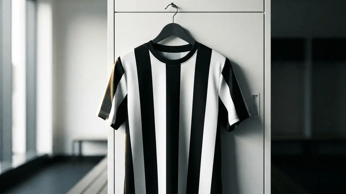 Black and white striped jersey in locker room symbolizing transfer decision