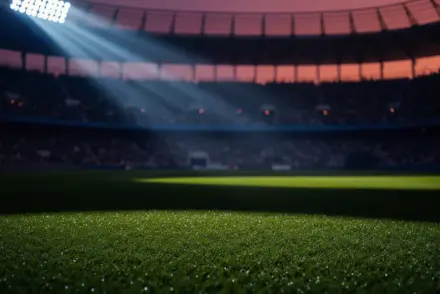 Floodlit stadium with shadow patterns on empty pitch, packed stands silhouetted at dusk, England vs Argentina semi-final atmosphere.