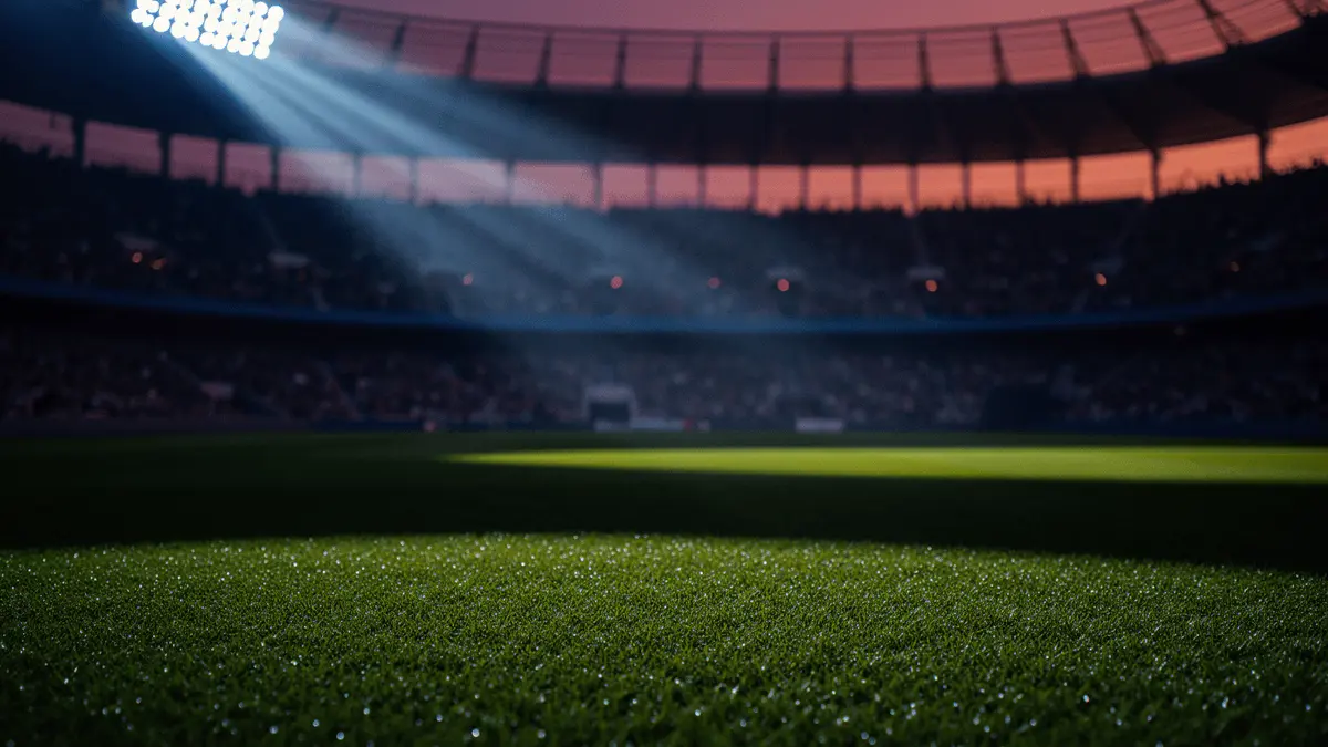 Floodlit stadium with shadow patterns on empty pitch, packed stands silhouetted at dusk, England vs Argentina semi-final atmosphere.