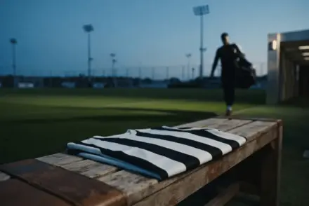Empty training facility with black and white jersey at dusk, player silhouette departing