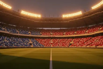 Floodlit stadium at dusk with packed stands in blue-white and red-white national colours, dramatic lighting and shadow patterns.