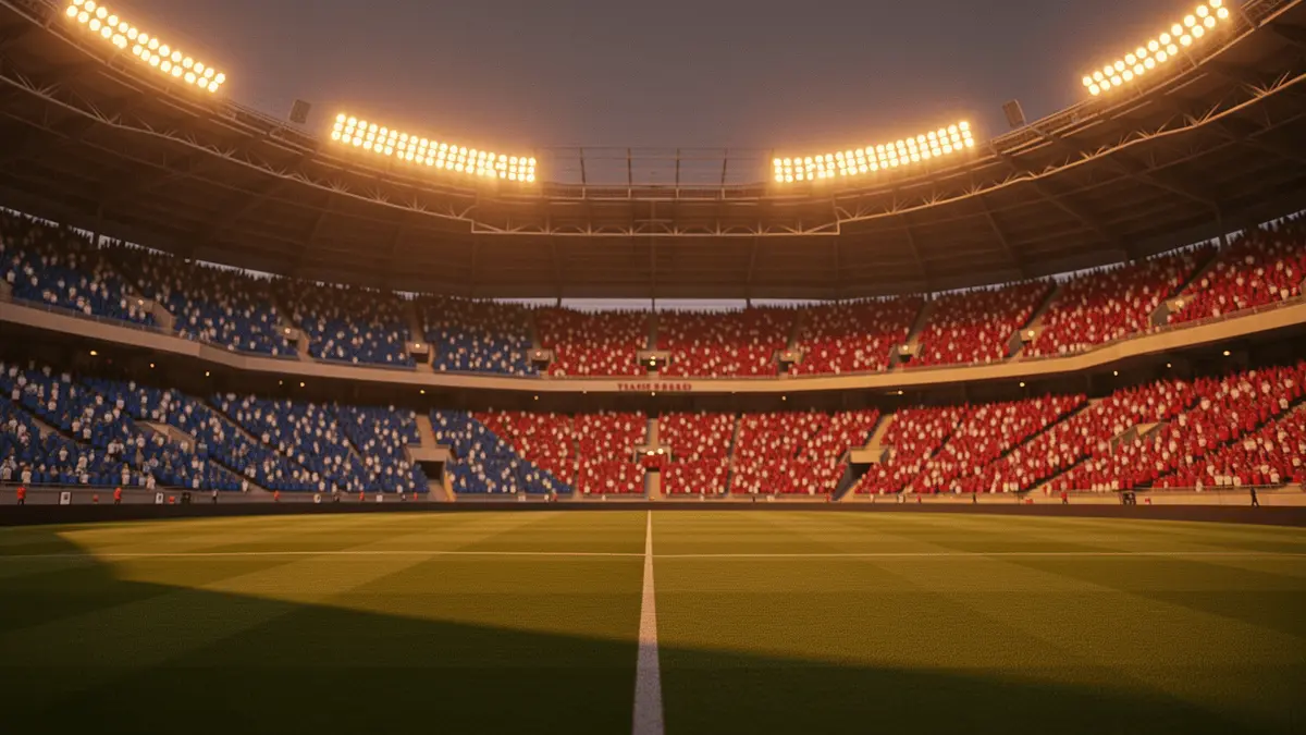 Floodlit stadium at dusk with packed stands in blue-white and red-white national colours, dramatic lighting and shadow patterns.