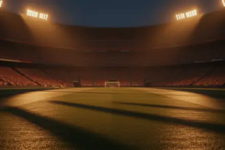 Floodlit stadium pitch at dusk with packed stands, dramatic shadows, and golden-hour lighting creating atmospheric quarter-final venue.