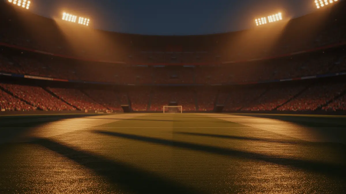 Floodlit stadium pitch at dusk with packed stands, dramatic shadows, and golden-hour lighting creating atmospheric quarter-final venue.
