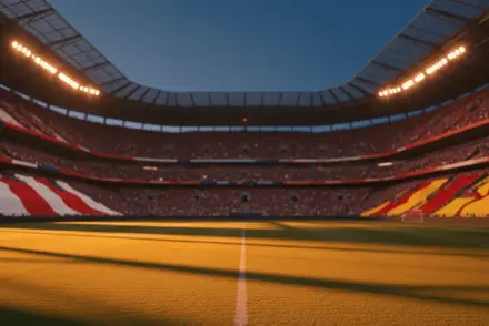 Floodlit semi-final stadium at golden hour with packed crowd, dramatic shadows, and national flag colours France vs Spain.