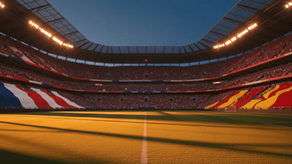 Floodlit semi-final stadium at golden hour with packed crowd, dramatic shadows, and national flag colours France vs Spain.