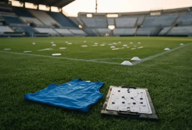 Italian national team tactical training setup on empty football pitch with azzurri blue vest and formation markers