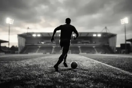 Silhouetted midfielder dribbling toward Premier League stadium in dramatic black and white sports photography