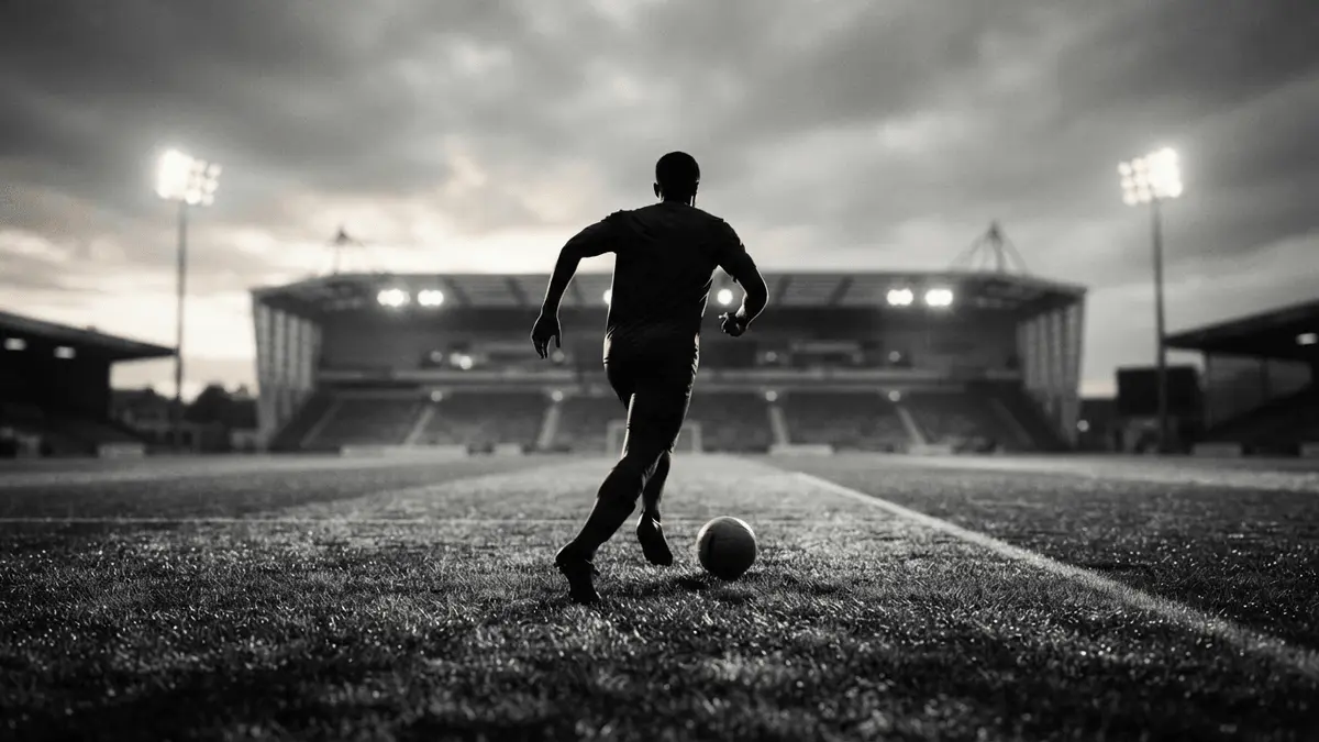 Silhouetted midfielder dribbling toward Premier League stadium in dramatic black and white sports photography