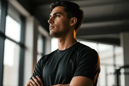 Football midfielder in contemplative pose at training facility with dramatic lighting