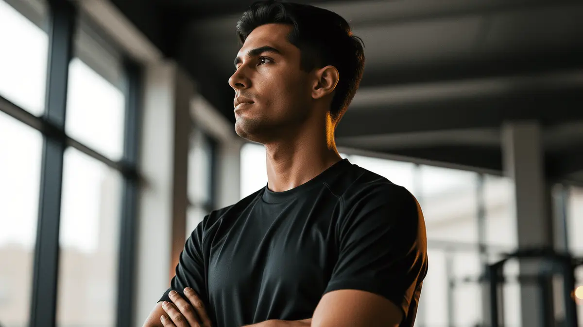 Football midfielder in contemplative pose at training facility with dramatic lighting
