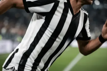 Juventus black and white striped jersey in motion on football pitch