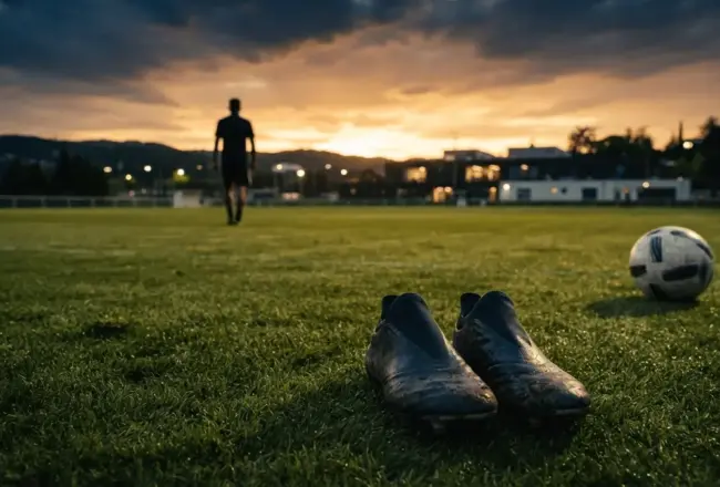 Football boots on training pitch at sunset symbolizing Openda's loan move from Juventus to Lyon