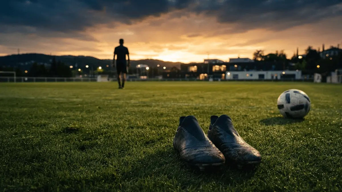 Football boots on training pitch at sunset symbolizing Openda's loan move from Juventus to Lyon