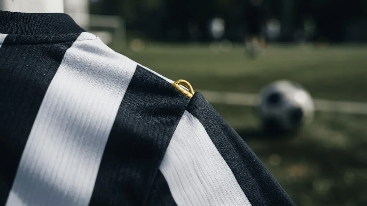 Black and white striped football jersey with gold accent detail in dramatic lighting