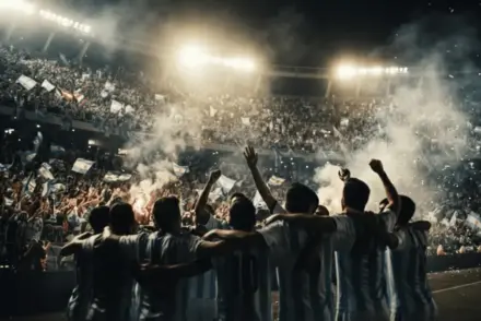 Argentina players celebrating dramatic late World Cup semi-final goal under stadium lights