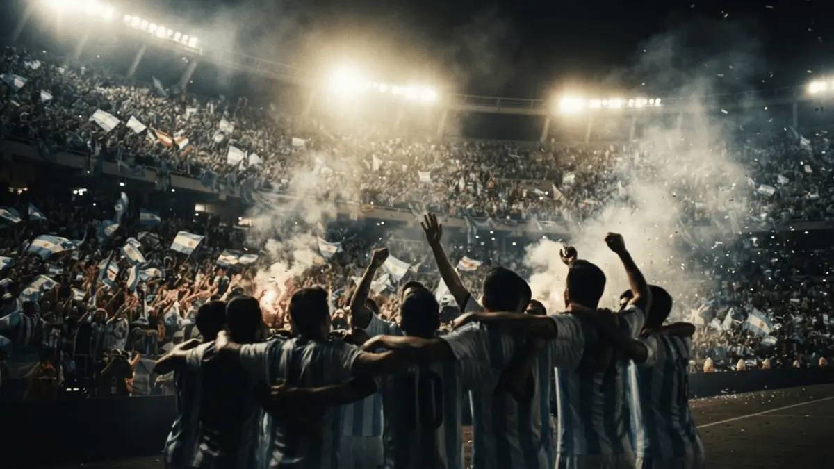 Argentina players celebrating dramatic late World Cup semi-final goal under stadium lights