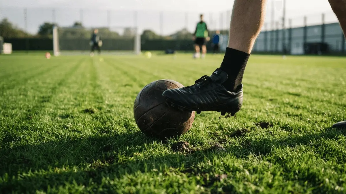 Football boot controlling ball on stadium turf, tactical precision close-up