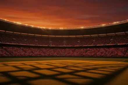 Packed stadium at golden-hour floodlights with red, white and blue supporter colours in stands; empty pitch with dramatic shadow patterns.