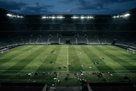 Empty football stadium pitch after final whistle with dramatic floodlighting and scattered equipment