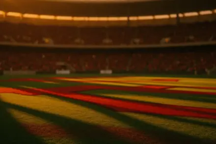 Floodlit stadium tunnel at dusk with crimson and gold flag colours, packed stands in silhouette, dramatic shadows across pitch.