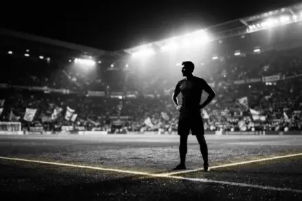 Football striker silhouette on floodlit stadium pitch with dramatic black and white contrast