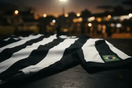 Black and white striped football jersey with Brazilian flag detail under dramatic stadium lighting