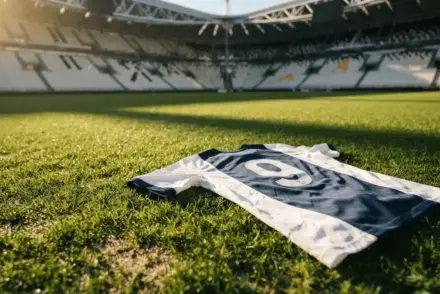 Football jersey number nine on sunlit Italian stadium pitch with black and white seats in background