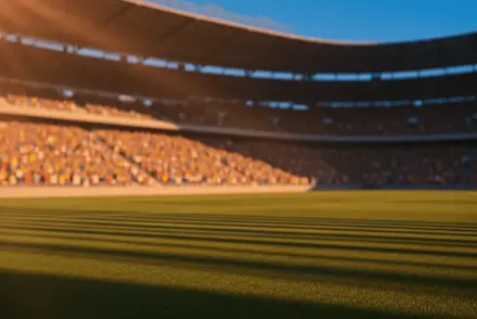 Floodlit stadium pitch at golden hour with dramatic shadows, packed stands softly blurred in background, cinematic lighting.