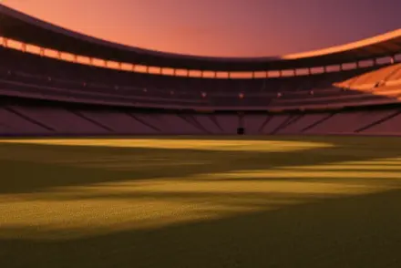 Empty floodlit football stadium at dusk with amber and crimson lighting, dramatic shadow patterns, and tiered stands.