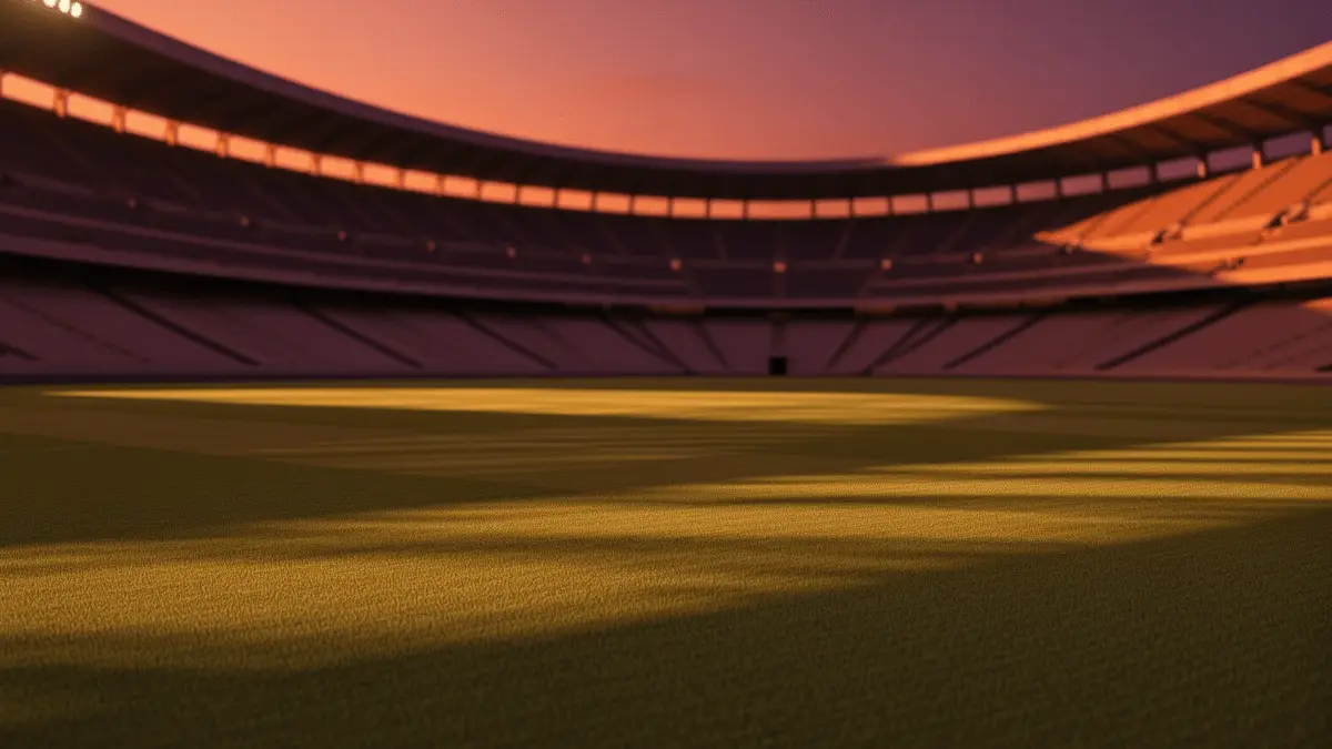 Empty floodlit football stadium at dusk with amber and crimson lighting, dramatic shadow patterns, and tiered stands.