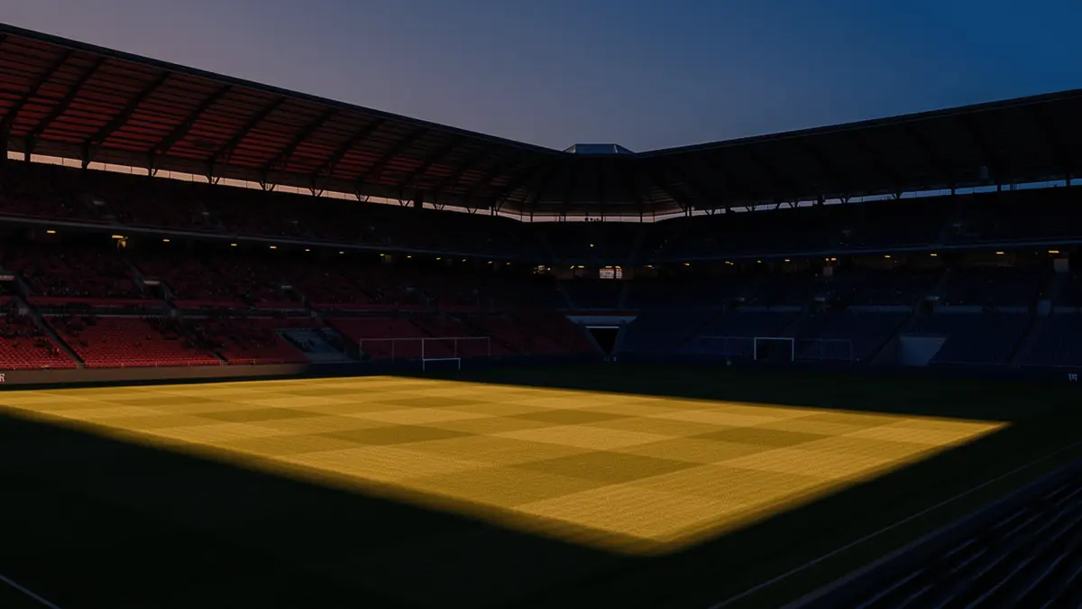 Floodlit football stadium at dusk with dramatic shadow patterns and golden-hour lighting, empty pitch.