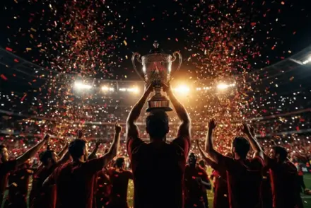 Championship trophy lifted in celebration at packed stadium with confetti and dramatic lighting