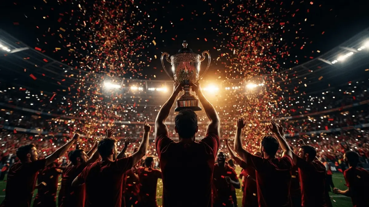 Championship trophy lifted in celebration at packed stadium with confetti and dramatic lighting