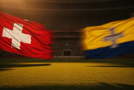 Floodlit stadium with red and white and yellow-blue flag colours draped across packed stands at golden-hour kick-off