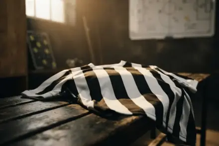 Black and white striped football jersey in moody training facility setting with dramatic lighting